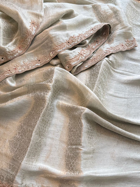 Pure Khaddi Georgette Banarasi Saree With Zardozi Pearl Handwork And Elegant Border Finish