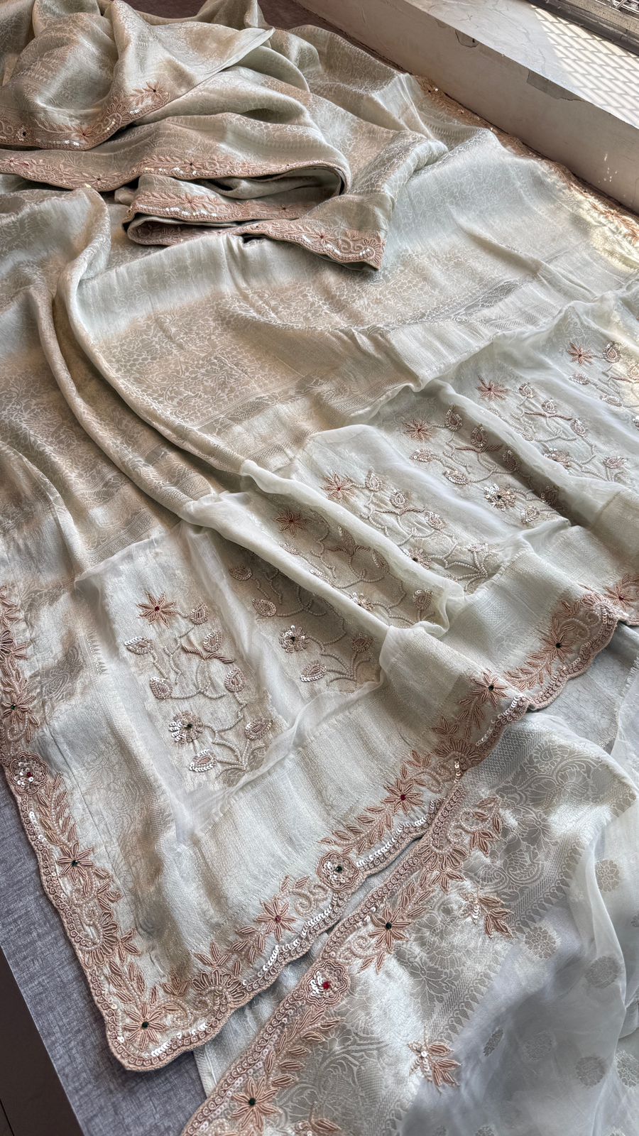 Zardozi And Pearl On Pure Khaddi Georgette Banarasi · 52 Artisan Hours of work · The Shringar Edit