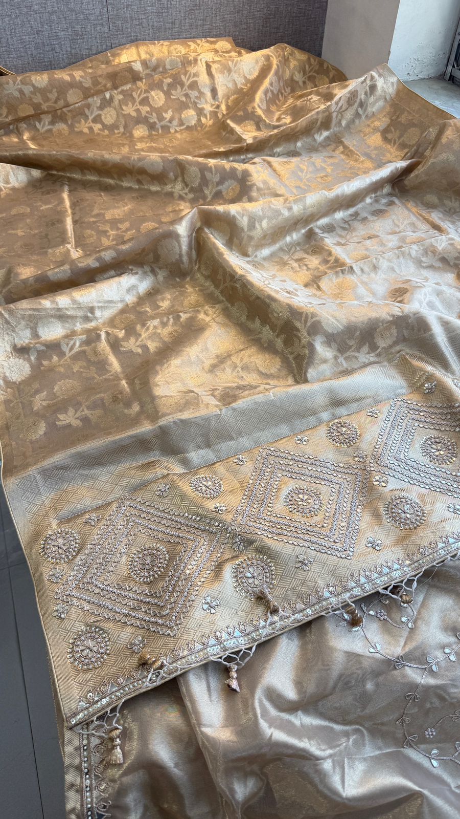 Zardozi And Pearl On Pure Tissue Silk Banarasi · 56 Artisan Hours of work · The Royal Edit