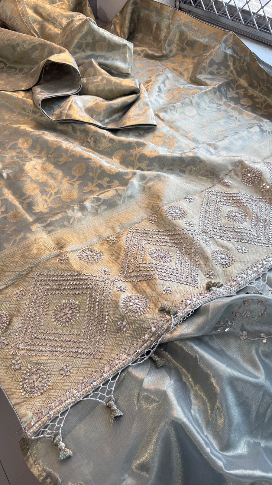 Zardozi And Pearl On Pure Tissue Silk Banarasi · 56 Artisan Hours of work · The Royal Edit