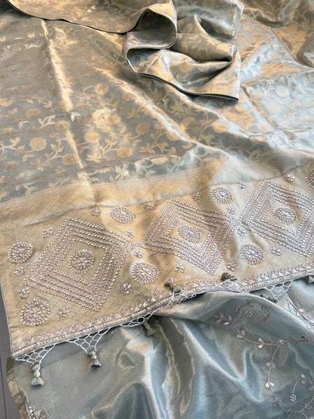 Pure Tissue Silk Banarasi Saree With Zardozi Pearl Embellished Border