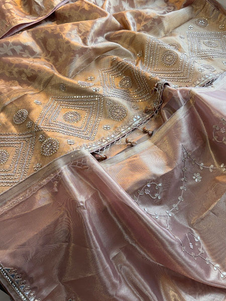 Pure Tissue Silk Banarasi Saree With Zardozi Pearl Embellished Border