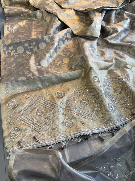 Pure Tissue Silk Banarasi Saree With Zardozi Pearl Embellished Border