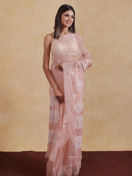 Elegant Lucknowi Chikankari Organza Silk Saree With Mukesh Handwork