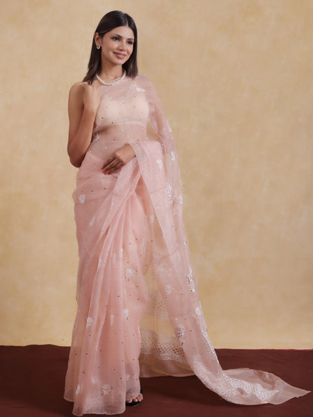 Elegant Lucknowi Chikankari Organza Silk Saree With Mukesh Handwork