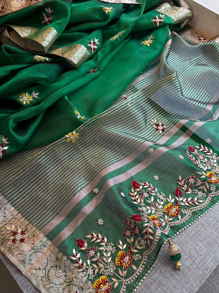Royal Pure Tissue Silk Banarasi Saree With Handcrafted Zardozi & Floral Border Detailing