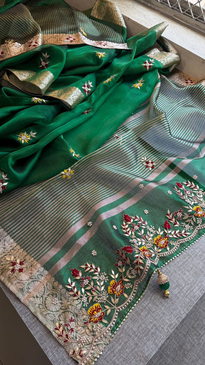 Zardozi Floral Border On Pure Tissue Silk Banarasi · 60 Artisan Hours of work · The Zari Edit