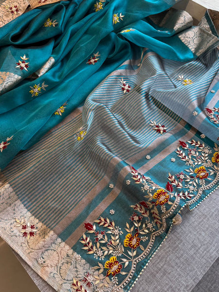 Royal Pure Tissue Silk Banarasi Saree With Handcrafted Zardozi & Floral Border Detailing
