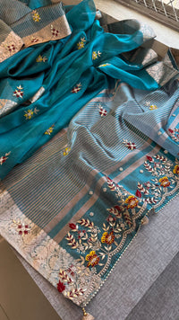 Royal Pure Tissue Silk Banarasi Saree With Handcrafted Zardozi & Floral Border Detailing