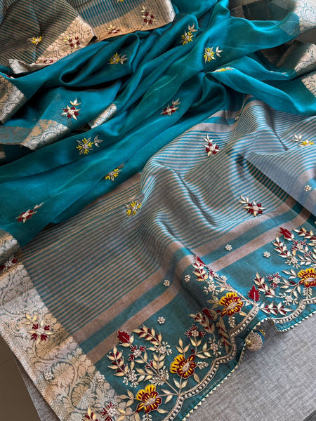 Royal Pure Tissue Silk Banarasi Saree With Handcrafted Zardozi & Floral Border Detailing