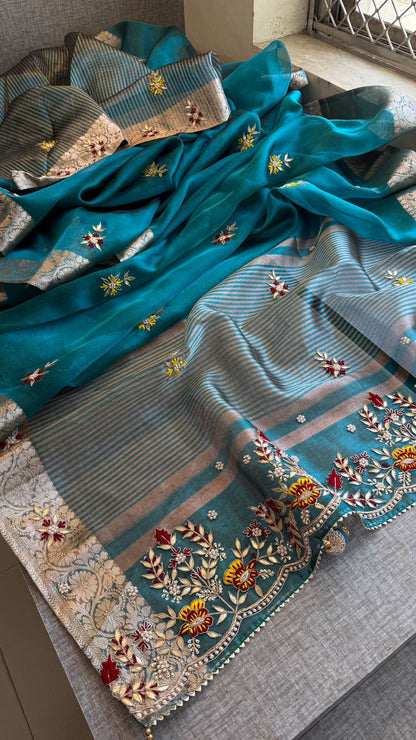 Zardozi Floral Border On Pure Tissue Silk Banarasi · 60 Artisan Hours of work · The Zari Edit