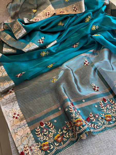 Royal Pure Tissue Silk Banarasi Saree With Handcrafted Zardozi & Floral Border Detailing