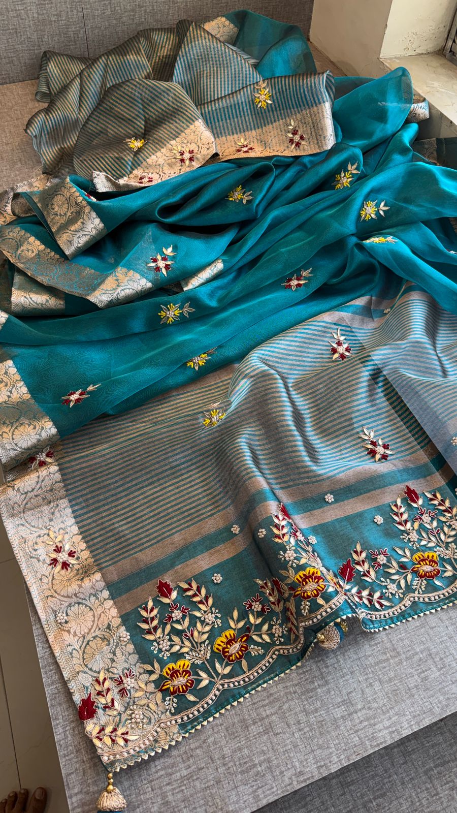 Zardozi Floral Border On Pure Tissue Silk Banarasi · 60 Artisan Hours of work · The Zari Edit