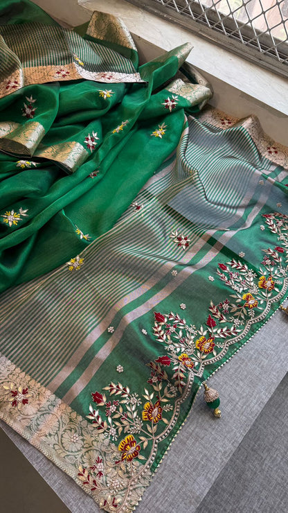 Zardozi Floral Border On Pure Tissue Silk Banarasi · 60 Artisan Hours of work · The Zari Edit