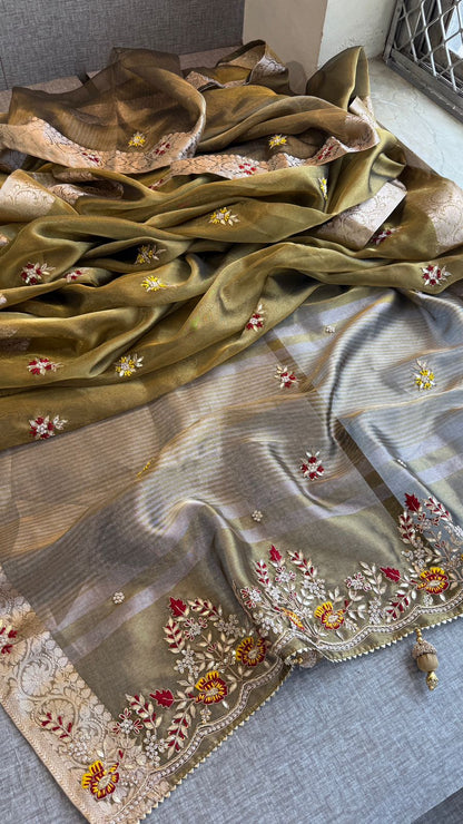 Zardozi Floral Border On Pure Tissue Silk Banarasi · 60 Artisan Hours of work · The Zari Edit