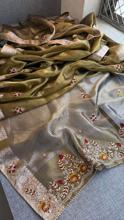 Zardozi Floral Border On Pure Tissue Silk Banarasi · 60 Artisan Hours of work · The Zari Edit
