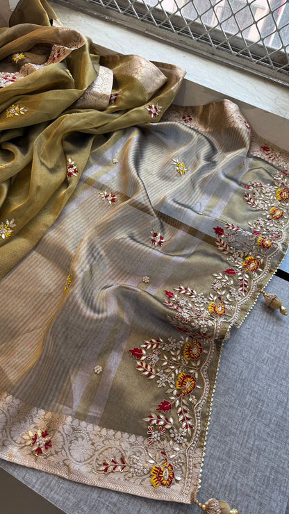 Zardozi Floral Border On Pure Tissue Silk Banarasi · 60 Artisan Hours of work · The Zari Edit