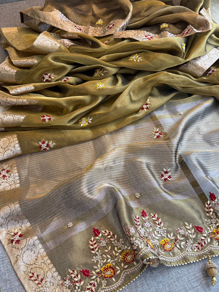 Royal Pure Tissue Silk Banarasi Saree With Handcrafted Zardozi & Floral Border Detailing