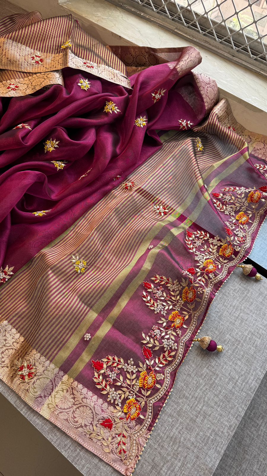 Zardozi Floral Border On Pure Tissue Silk Banarasi · 60 Artisan Hours of work · The Zari Edit