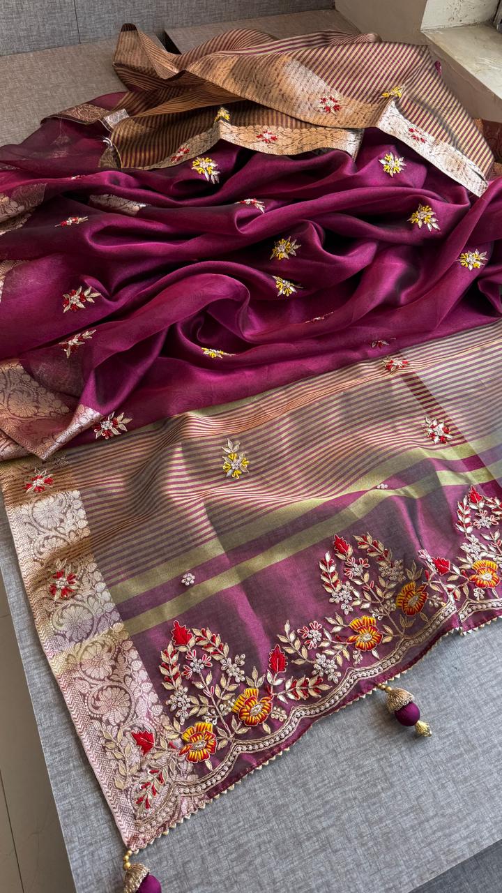 Royal Pure Tissue Silk Banarasi Saree With Handcrafted Zardozi & Floral Border Detailing