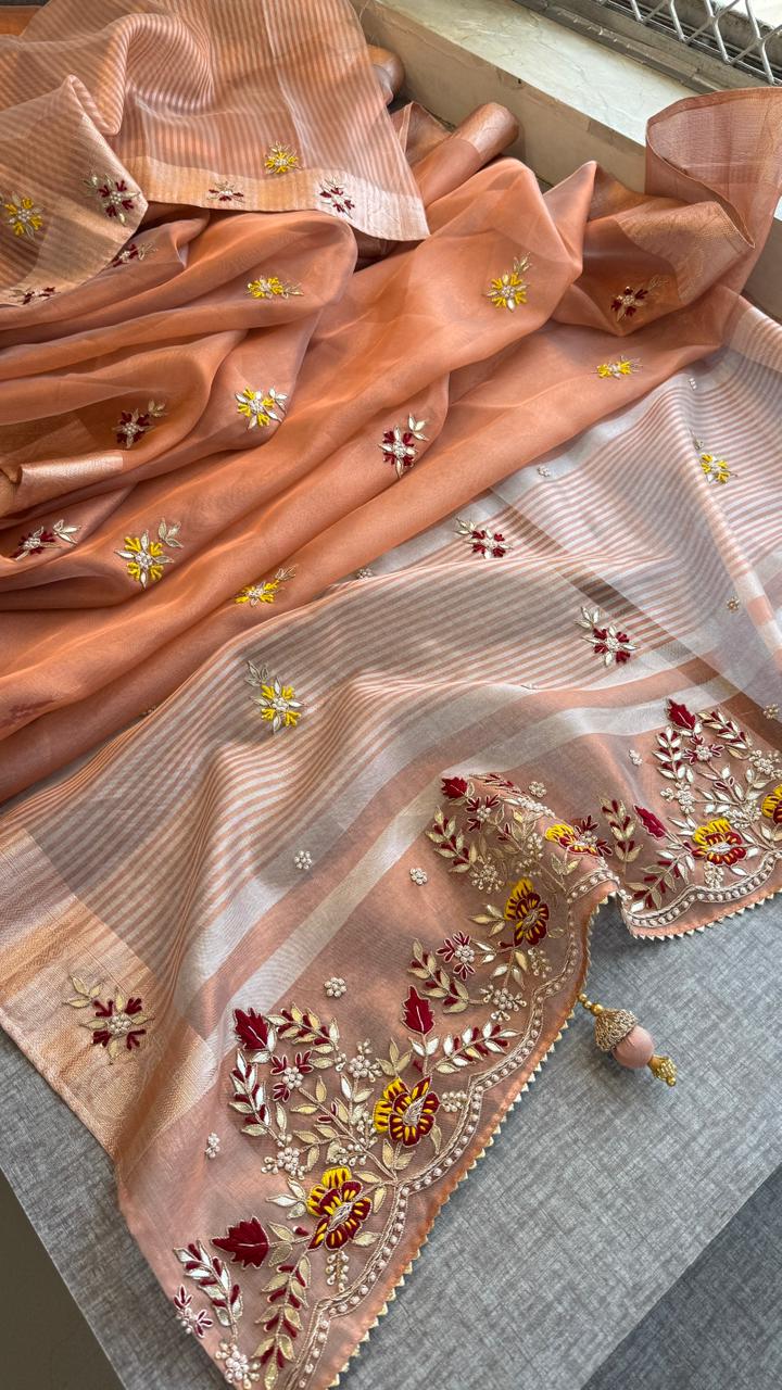 Zardozi Floral Border On Pure Tissue Silk Banarasi · 60 Artisan Hours of work · The Zari Edit