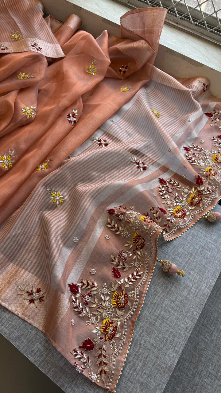 Zardozi Floral Border On Pure Tissue Silk Banarasi · 60 Artisan Hours of work · The Zari Edit