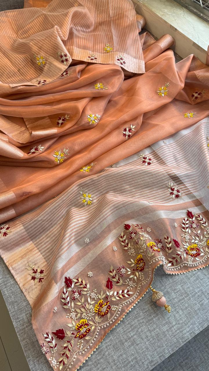 Zardozi Floral Border On Pure Tissue Silk Banarasi · 60 Artisan Hours of work · The Zari Edit