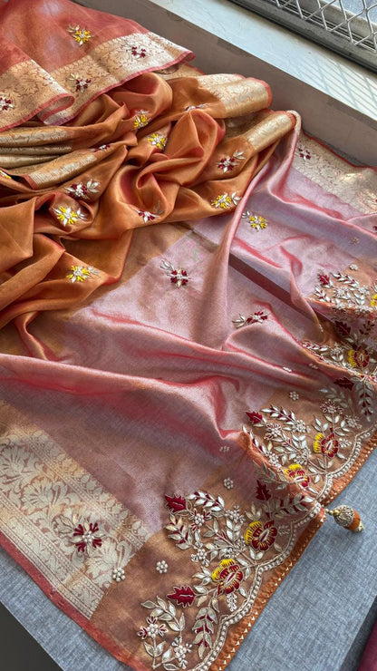 Zardozi Floral Border On Pure Tissue Silk Banarasi · 60 Artisan Hours of work · The Zari Edit