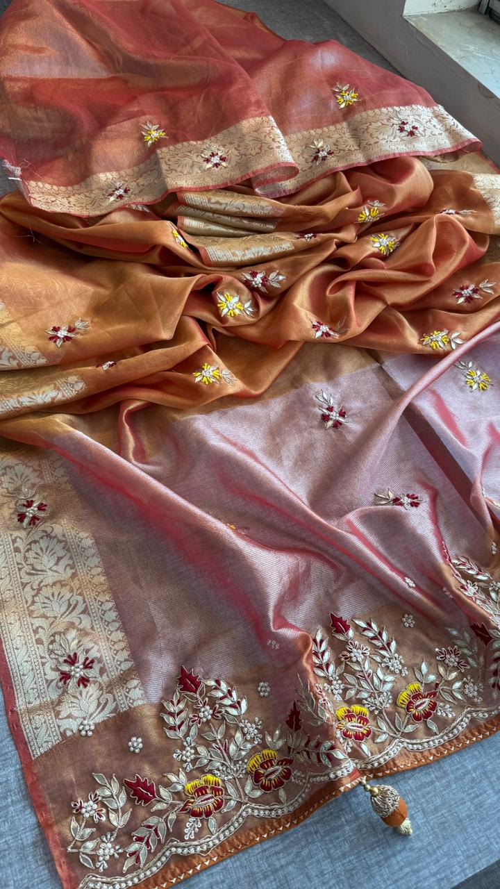 Zardozi Floral Border On Pure Tissue Silk Banarasi · 60 Artisan Hours of work · The Zari Edit