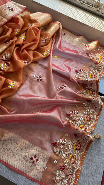 Zardozi Floral Border On Pure Tissue Silk Banarasi · 60 Artisan Hours of work · The Zari Edit