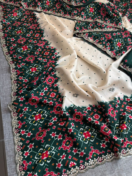 Graceful Pure Munga Silk Patola Inspired Saree With Zardozi & Pearl Handwork