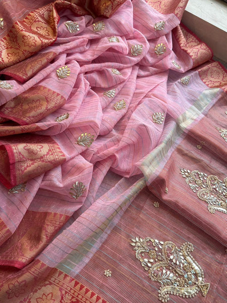 Regal Tissue Linen Silk Saree With Handcrafted Zardozi Kalash Motif & Banarasi Border