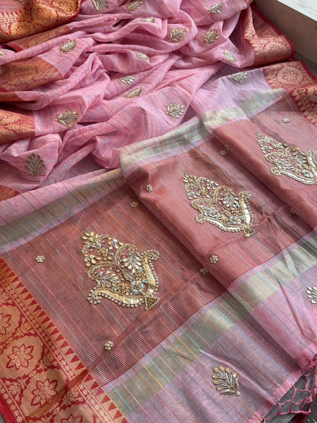 Regal Tissue Linen Silk Saree With Handcrafted Zardozi Kalash Motif & Banarasi Border