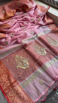 Regal Tissue Linen Silk Saree With Handcrafted Zardozi Kalash Motif & Banarasi Border