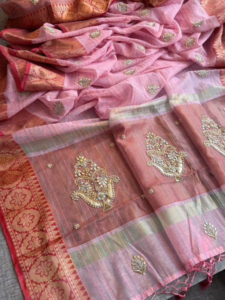 Regal Tissue Linen Silk Saree With Handcrafted Zardozi Kalash Motif & Banarasi Border