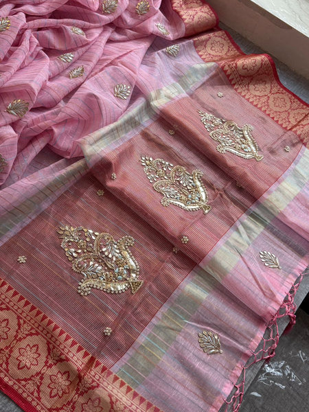Regal Tissue Linen Silk Saree With Handcrafted Zardozi Kalash Motif & Banarasi Border