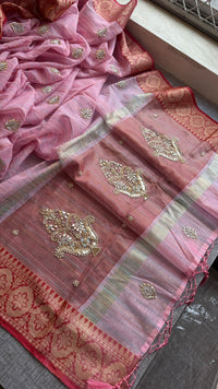Regal Tissue Linen Silk Saree With Handcrafted Zardozi Kalash Motif & Banarasi Border