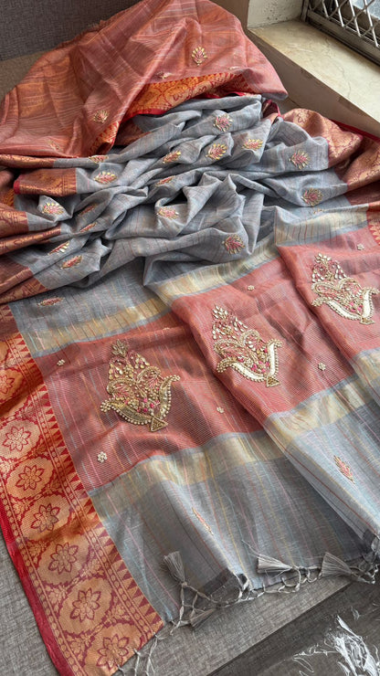 Zardozi Kalash Motif On Tissue Linen Silk Banarasi · 56 Artisan Hours of work · The Virasat Edit