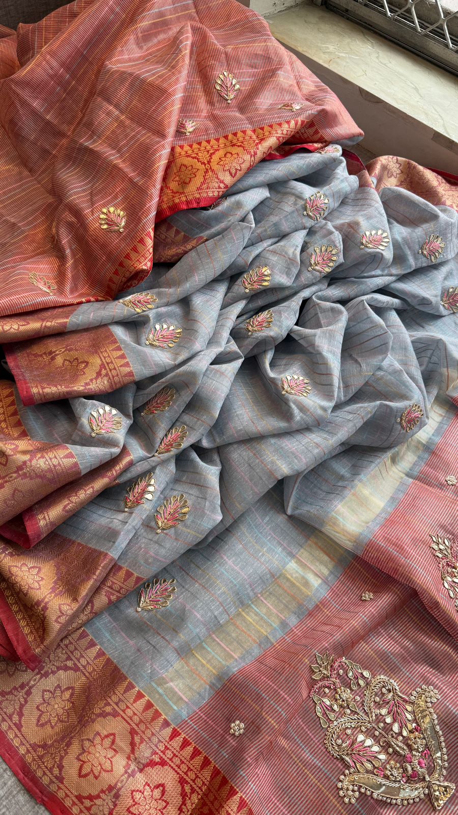 Regal Tissue Linen Silk Saree With Handcrafted Zardozi Kalash Motif & Banarasi Border