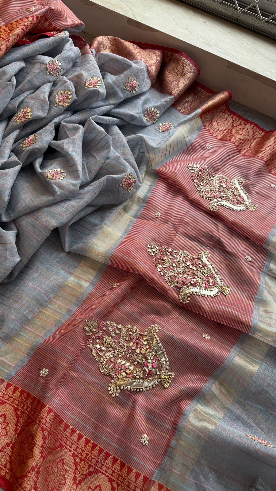 Zardozi Kalash Motif On Tissue Linen Silk Banarasi · 56 Artisan Hours of work · The Virasat Edit