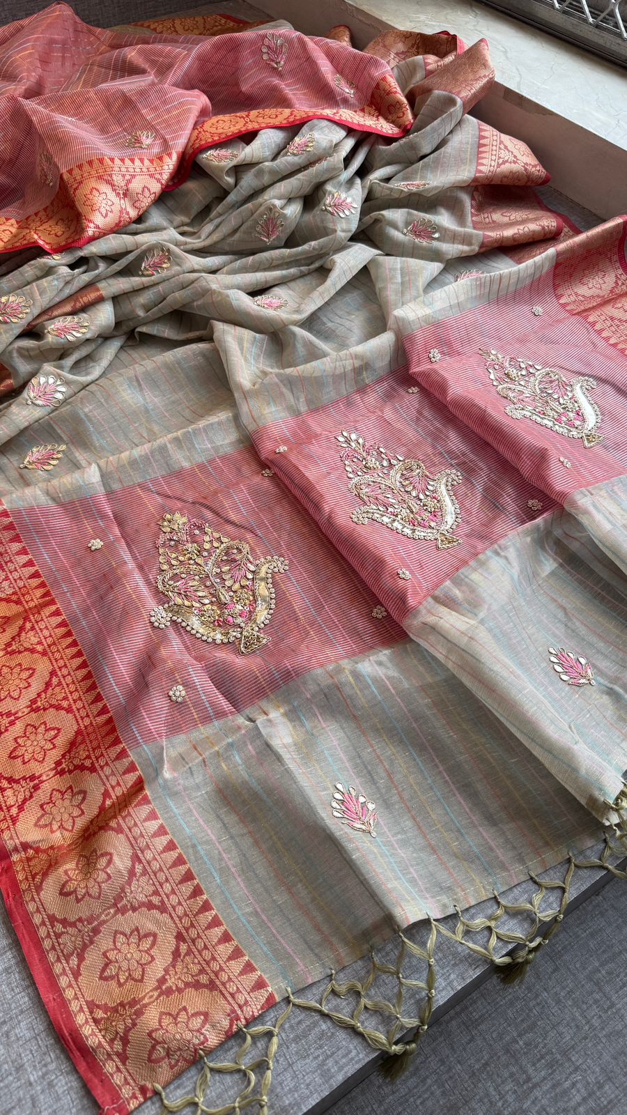 Zardozi Kalash Motif On Tissue Linen Silk Banarasi · 56 Artisan Hours of work · The Virasat Edit