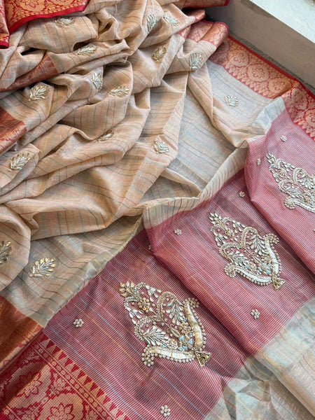 Regal Tissue Linen Silk Saree With Handcrafted Zardozi Kalash Motif & Banarasi Border
