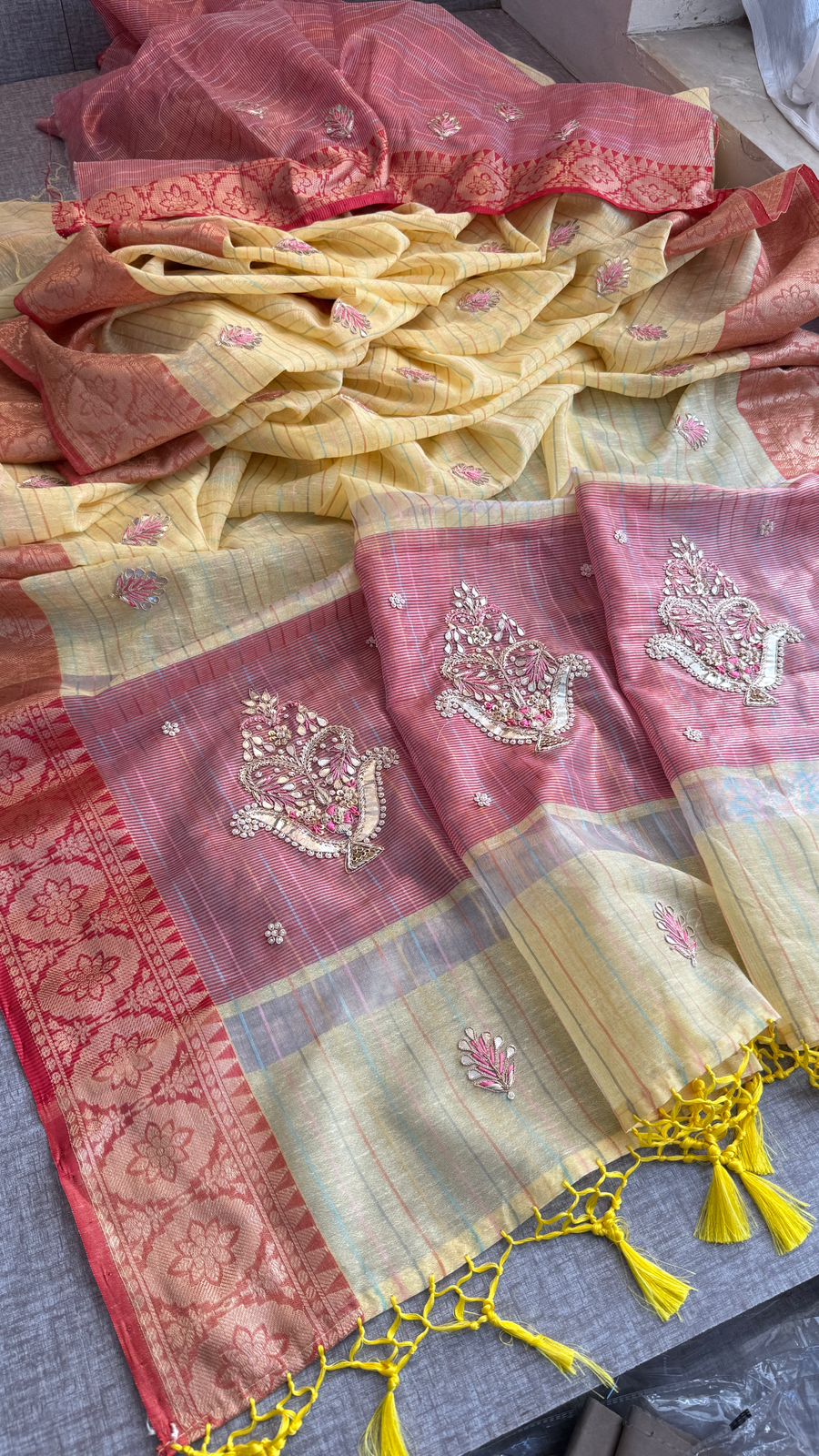 Regal Tissue Linen Silk Saree With Handcrafted Zardozi Kalash Motif & Banarasi Border