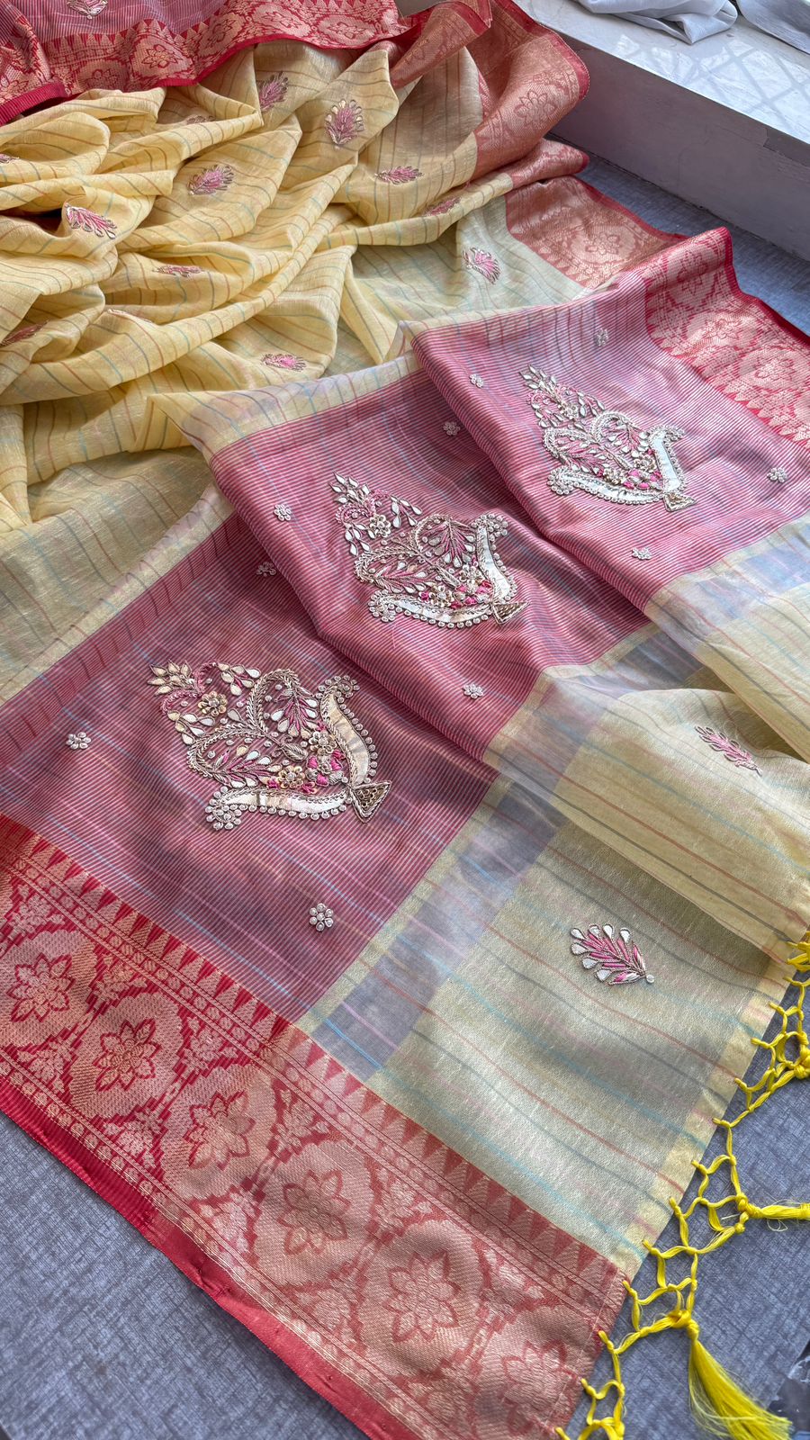 Zardozi Kalash Motif On Tissue Linen Silk Banarasi · 56 Artisan Hours of work · The Virasat Edit