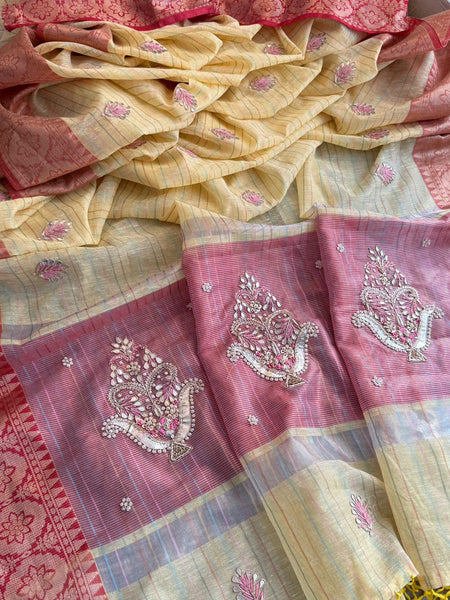 Regal Tissue Linen Silk Saree With Handcrafted Zardozi Kalash Motif & Banarasi Border
