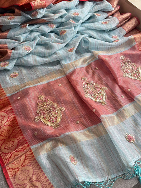 Regal Tissue Linen Silk Saree With Handcrafted Zardozi Kalash Motif & Banarasi Border