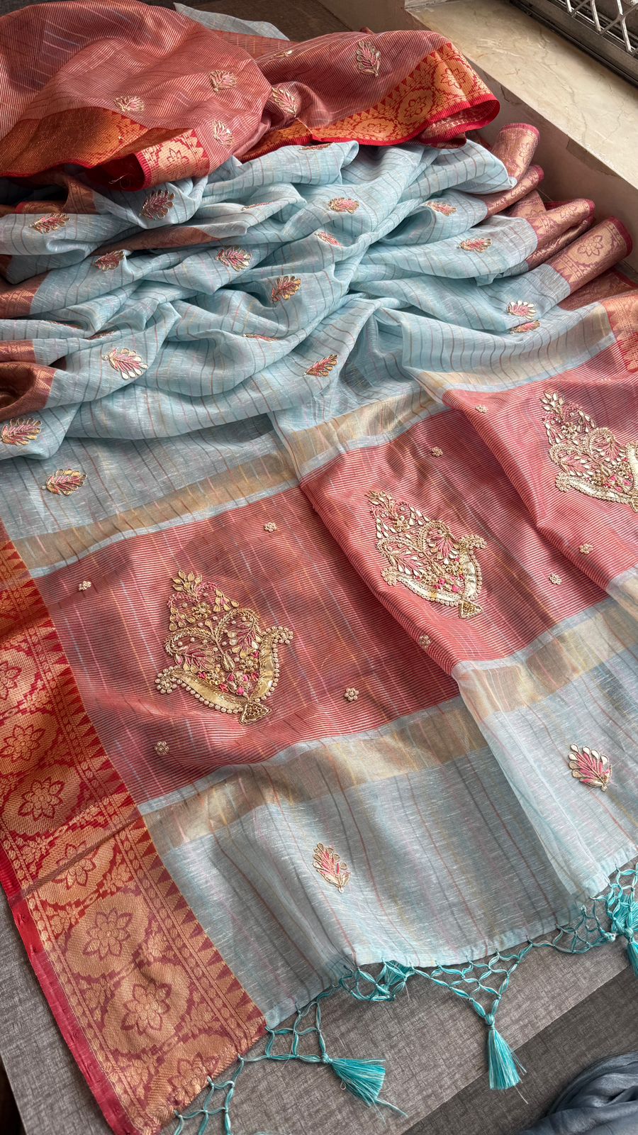 Regal Tissue Linen Silk Saree With Handcrafted Zardozi Kalash Motif & Banarasi Border