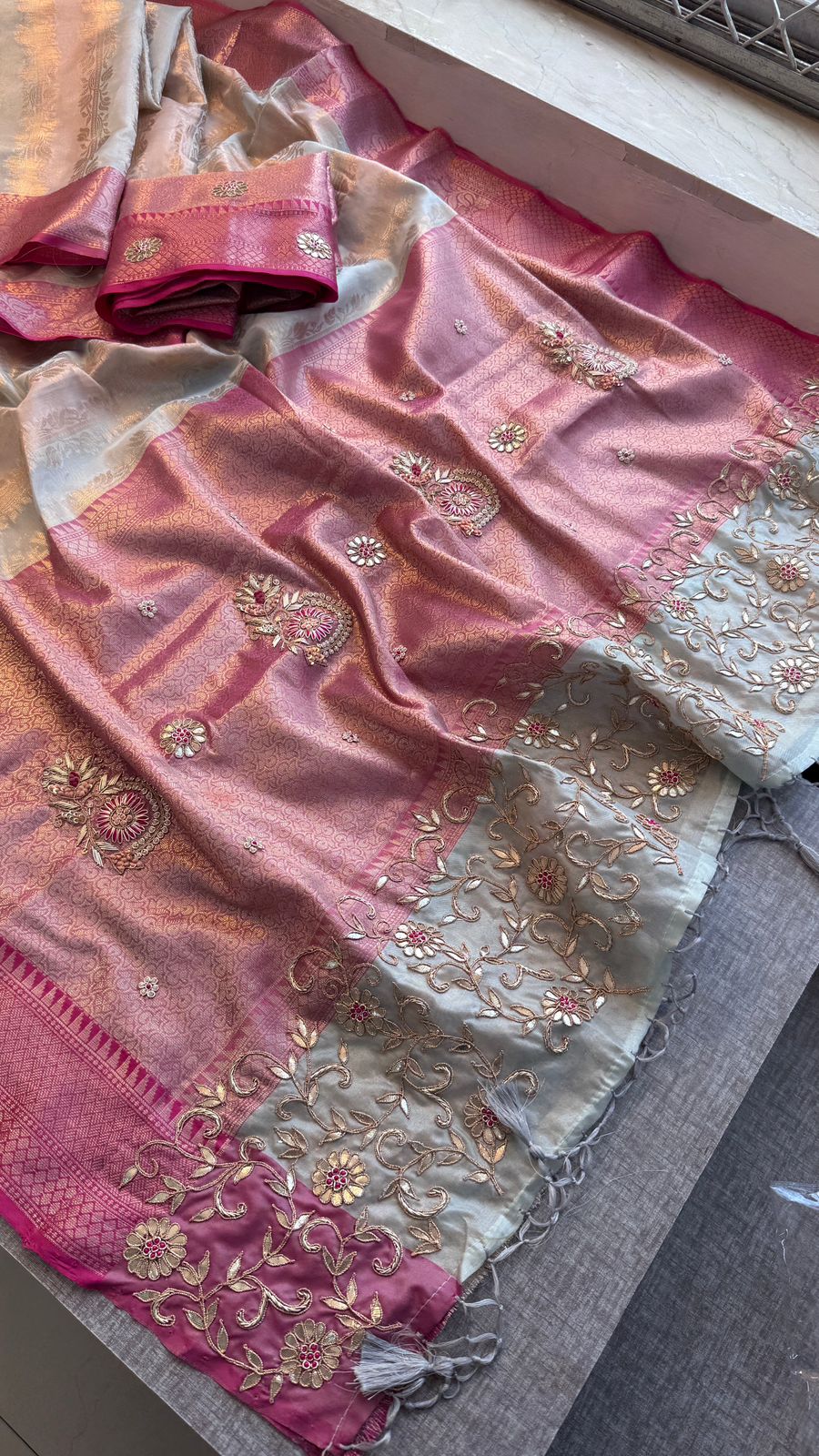 Zardozi Floral Vine On Banarasi Silk · 52 Artisan Hours of work · The Royal Edit