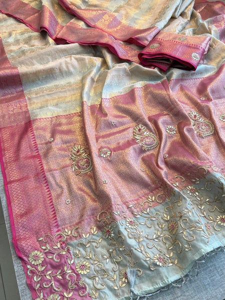Royal Banarasi Silk Saree With Zardozi Floral Vine Embroidery & Designer Pallu