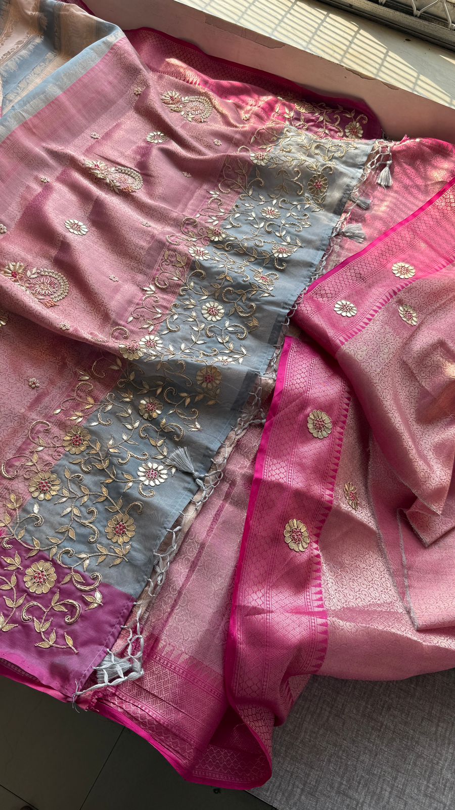 Royal Banarasi Silk Saree With Zardozi Floral Vine Embroidery & Designer Pallu